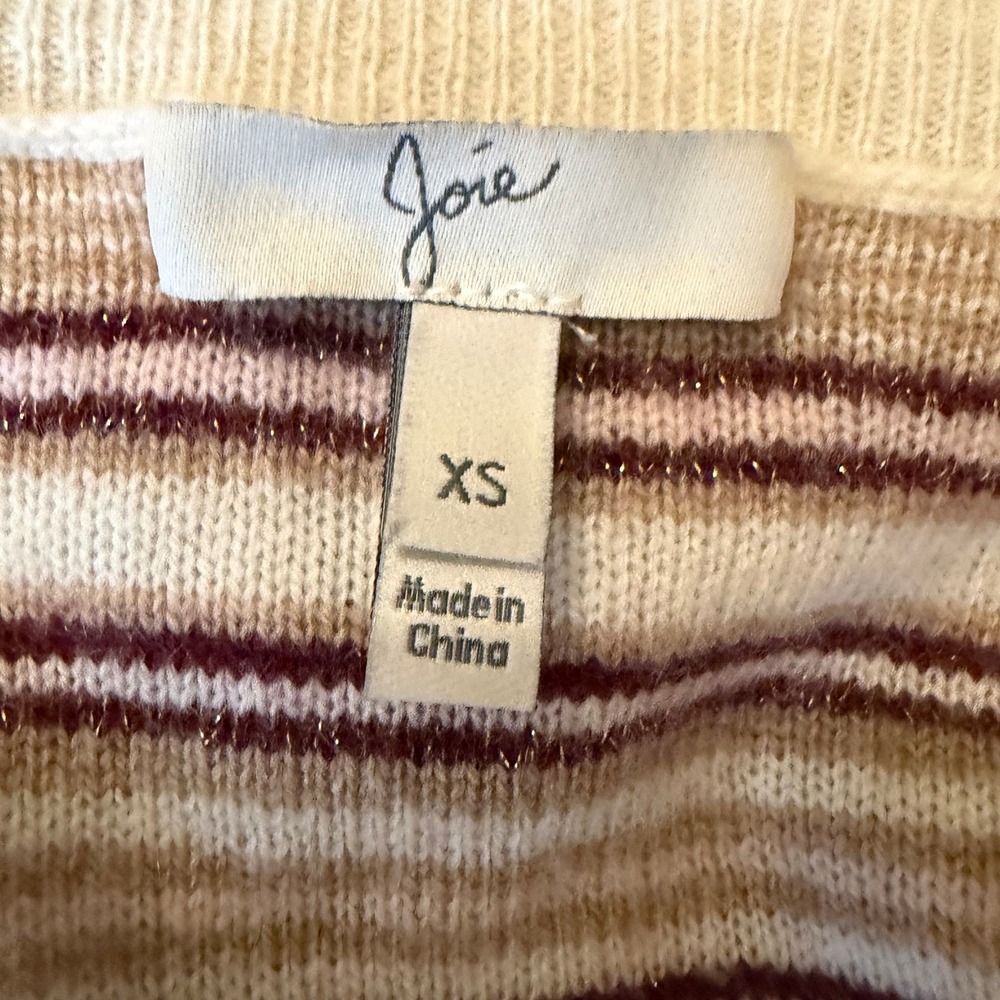 Joie XS Wool Cashmere Striped V-Neck Ruffle Shoulder Sweater B63-K2480D Metallic - Picture 3 of 4